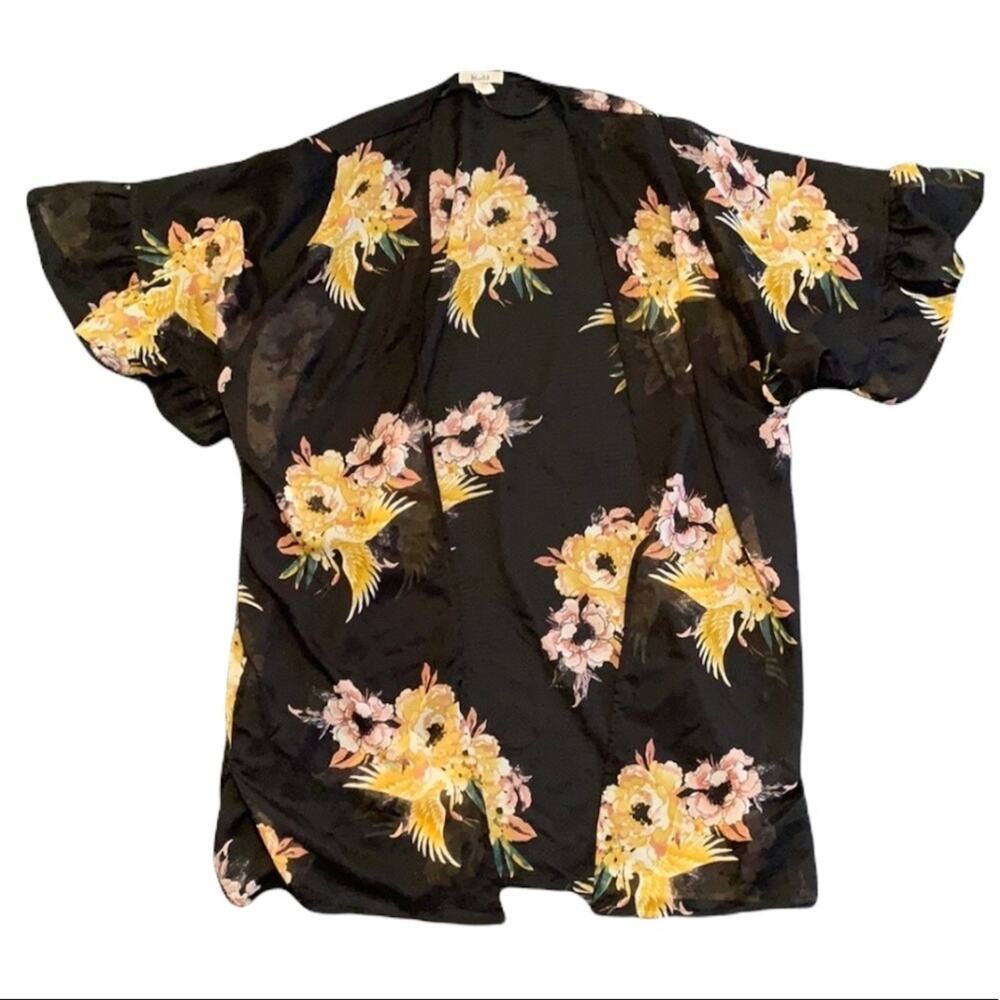 Mudd Kimono Wrap Top with Crane and Flower Pattern Sheer